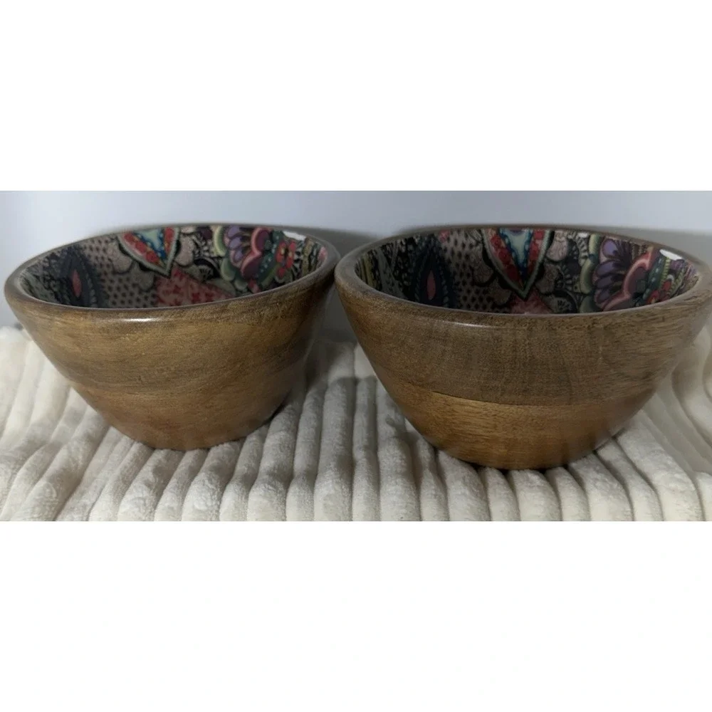 World Market Set of 2 Mango Wood Bowls Enamel Pattern 5.5